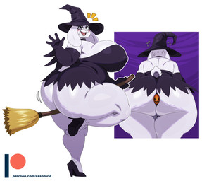 4_fingers anthro armwear big_breasts big_butt biped blush bodily_fluids breasts broom butt cellulite cleaning_tool clothed clothing costume elbow_gloves female fingers footwear gloves halloween_costume handwear high_heels holidays huge_breasts huge_butt huge_thighs muffin_top nipple_outline no_underwear object_in_ass overweight overweight_anthro overweight_female rear_view shoes simple_background smile solo sweat sweatdrop text thick_thighs wide_hips witch_costume sssonic2 halloween undertale_(series) toriel bovid caprine goat mammal 2026 absurd_res digital_media_(artwork) hi_res url