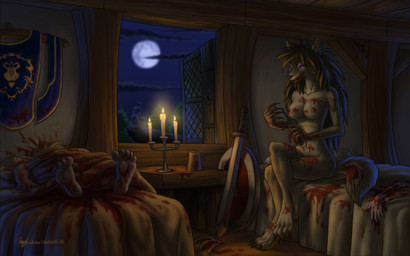 anthro bed blood bodily_fluids bone breasts candle cloud container corpse cup death detailed_background dismemberment female furniture group knife male melee_weapon moon night nipples plant purple_eyes scenery shield sitting solo_focus sword tail tree weapon window wood hyhlion blizzard_entertainment warcraft canid canine canis mammal werecanid werecreature worgen 16:10 digital_media_(artwork) widescreen