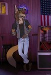 anthro bar boots clothed clothing confederate_flag confederate_states_of_america cowboy_boots dirty_clothes facial_hair footwear foxieboi hair hat headgear headwear long_hair male markings redneck shoes solo texas_flag trucker_hat us_state_flag foxmusk canid canine fox mammal hi_res