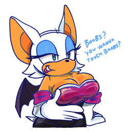 anthro armwear big_breasts breasts cleavage clothed clothing dialogue elbow_gloves eyeshadow female fur gloves handwear lipstick makeup orange_body solo text white_body white_fur wings ttnstrm boobs?_wanna_touch_boobs? sega sonic_the_hedgehog_(series) rouge_the_bat bat mammal 1:1 english_text meme