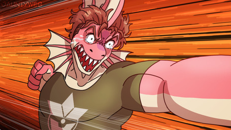 5_fingers abstract_background angry anthro bodily_fluids brown_hair claws clothing finger_claws fingers frill_(anatomy) green_clothing green_eyes green_shirt green_t-shirt green_topwear hair head_crest head_frill imminent_punch male neck_frill red_body red_scales scales sharp_teeth shirt short_hair solo t-shirt tears tears_of_rage teeth text topwear jauntyweb cavemanon_studios i_wani_hug_that_gator damien_payne dilophosaurid dilophosaurus dinosaur hybrid prehistoric_species reptile saurischian scalie spinosaurid spinosaurus theropod 16:9 2024 artist_name digital_drawing_(artwork) digital_media_(artwork) hi_res watermark widescreen