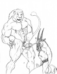 anthro balls bodily_fluids circumcised circumcision_scar cum cum_on_face duo erection genital_fluids genital_scar genitals humanoid_genitalia humanoid_penis male male/male muscular orgasm penis scar size_difference tail sudonym felid lion mammal pantherine black_and_white monochrome