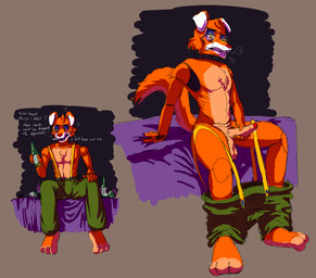 alcohol anthro auguste_clown balls beverage bodily_fluids bottomwear bottomwear_down cigarette cigarette_in_mouth clothed clothing clown clown_makeup dialogue drunk erection feet fingers fur genital_fluids genitals humanoid_genitalia humanoid_penis machine makeup male masturbation object_in_mouth overalls pants pants_down partially_clothed penile penile_masturbation penis simple_background smoking solo substance_intoxication tail teeth text topless topless_male zornographer five_nights_at_freddy's scottgames steel_wool_studios circus_foxy animatronic canid canine fox mammal robot 2023 digital_media_(artwork) english_text hi_res