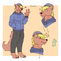 4_toes anthro beanie blonde_hair blue_clothing blue_hoodie blue_topwear clothing feet fur grey_beanie grey_clothing grey_hat grey_headwear hair hat headgear headwear hoodie male olive_sweatpants orange_body orange_fur smile solo standing toes topwear 1:1 hi_res model_sheet