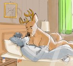 anthro antlers bed boop duo furniture heart_symbol horn looking_at_another lying male male/male nose_boop nude on_back on_front romantic romantic_couple tail text delsol luis_(delsol) sam_(delsol) deer mammal procyonid raccoon 2022 english_text hi_res signature