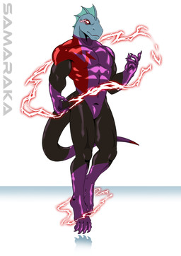 anthro claws clothing fin gloves handwear head_fin hero latex levitating male muscular purple_clothing purple_gloves purple_handwear red_electricity solo suit tail white_eyes samaraka azzy lizard reptile scalie absurd_res hi_res