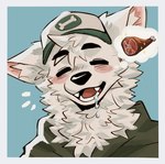 anthro biped blush bodily_fluids clothing drooling eyes_closed fur green_clothing green_hat green_headwear green_hoodie green_topwear hat headgear headwear hoodie hungry male saliva solo topwear white_body white_fur atkaso canid canine canis mammal wolf 2024 hi_res icon