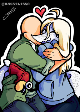 anthro bald black_background blonde_hair blue_bottomwear blue_clothing blue_hoodie blue_pants blue_topwear bottomwear clothed clothed_anthro clothed_female clothed_human clothed_male clothing duo eyebrows eyes_closed female freckled_face freckled_tail freckles green_clothing green_jacket green_topwear grey_body grey_bottomwear grey_clothing grey_pants hair happy heart_symbol hoodie hug human_on_anthro interspecies jacket long_hair long_tail male male/female nuzzling outline pants puppet raised_inner_eyebrows romantic romantic_couple simple_background smile tail tail_coil text topwear white_body white_outline bass1l1ssc0 cavemanon_studios puppet_pals snoot_game anon_(snoot_game) fan_character judee dinosaur human mammal prehistoric_species reptile saurischian scalie theropod troodon troodontid artist_name colored hi_res shaded signature