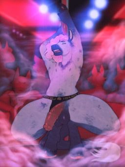 ambiguous_gender animal_genitalia animal_penis anthro balls clothed clothing clothing_aside crouching crowd dancing equine_genitalia equine_penis front_view fur genitals grey_body grey_fur group hair hooves jockstrap jockstrap_aside jockstrap_only male male_focus male_stripper penis pink_hair pole pole_dancing silhouette solo_focus strip_club stripper tail topless underwear underwear_aside underwear_only seraphictiger equid equine horse mammal