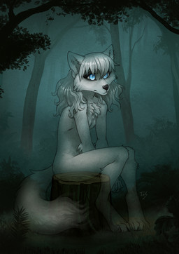 4_toes anthro barefoot biped black_nose blue_eyes casual_nudity feet female forest fur grass nude plant sitting solo toes tree white_body white_fur noviraine canid canine fox ghost mammal spirit