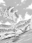 anthro blush casual_nudity clothing cloud diving duo female flaccid genitals jumping male mountain nature nude outside penis swimwear tail water young young_anthro momiji_yu-ga canid canine fox mammal greyscale monochrome