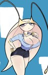 antennae_(anatomy) anthro belt big_breasts black_bottomwear black_clothing black_skirt blue_background blue_clothing blue_pupils blue_topwear blush bottomwear breasts choker cleavage clothed clothing eyelashes female front_view hand_on_hip jewelry necklace pupils purple_eyes simple_background skirt slit_pupils solo thick_thighs topwear white_background white_body wide_hips katoneko nintendo pokemon generation_7_pokemon pheromosa pokemon_(species) ultra_beast hi_res