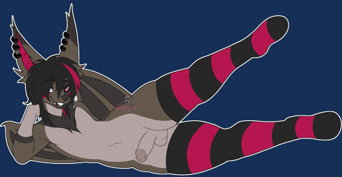 anthro balls big_ears clothing ear_piercing erection fangs femboy footwear genitals hair humanoid_genitalia humanoid_penis legwear male nude penis piercing smile socks solo stockings teeth wings ghxztfaze bat mammal digital_media_(artwork) hi_res
