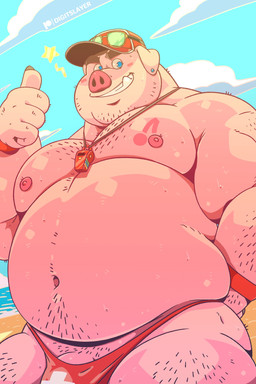 anthro barazoku beach belly belly_hair body_hair bulge deep_navel detailed_bulge hairy_male lifeguard male musclegut muscular navel nipple_tattoo obese obese_anthro obese_male overweight overweight_anthro overweight_male smile solo digitslayer domestic_pig mammal suid suine sus_(pig) hi_res