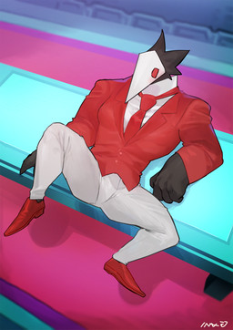 anthro black_body black_feathers bottomwear clothing feathers furniture lying male muscular muscular_anthro muscular_male necktie on_back on_table pants red_clothing red_suit solo suit table white_bottomwear white_clothing white_face white_pants bebebebebe deltarune undertale_(series) avian darkner swatchling 2021 digital_media_(artwork) hi_res