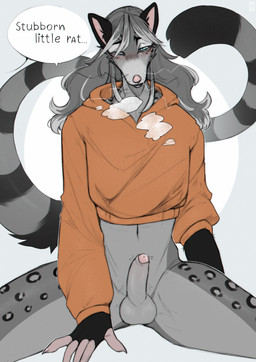 anthro balls blush bodily_fluids bottomless breath clothed clothing erection fur genital_fluids genitals hair half-closed_eyes hoodie humanoid_genitalia humanoid_penis male narrowed_eyes panting penis precum shirt simple_background solo tail text topwear noodlerain duke_(mightypoohead) american_opossum felid hybrid mammal marsupial pantherine snow_leopard virginia_opossum absurd_res english_text hi_res