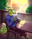 anthro beverage brown_eyes chair clothed clothing coffee coffee_mug furniture green_body green_scales holding_beverage holding_object hoodie hot_drink male outside scales sitting solo table topwear klongi anole lizard reptile scalie absurd_res hi_res