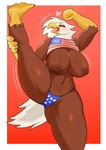 american_flag_clothing anthro beak big_breasts blush breasts female flexible front_view huge_breasts non-mammal_breasts one_leg_up raised_leg solo splits spread_legs spreading standing tongue tongue_out vertical_splits sijimmy456 american_eagle accipitrid accipitriform avian bald_eagle bird eagle sea_eagle absurd_res hi_res