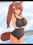 big_breasts black_bars blush breasts brown_hair cleavage clothed clothing female hair legs_in_water partially_submerged solo submerged_legs swimwear water nao_(artist) animal_humanoid humanoid digital_media_(artwork) hi_res letterbox shaded