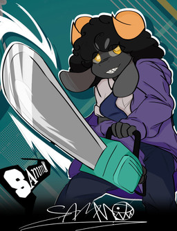 anthro black_body black_fur black_hair blue_clothing chainsaw clothing cross-eyed fangs fur grey_body grey_fur hair horn male orange_horn power_tool purple_clothing smile solo teeth tools white_clothing wool_(fur) yellow_eyes anonymous_artist bovid caprine mammal sheep hi_res signature