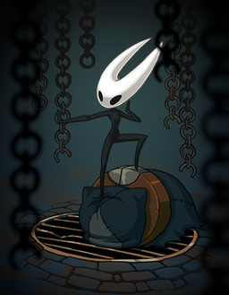 ambiguous_gender anthro chain defeated empty_eyes featureless_chest featureless_crotch featureless_feet featureless_hands feet female fighting_pose horn nude nude_female pose prisoner segmented_body sewer_grate slim_female small_waist solo standing_on_another thin_thighs wasp_waist wide_hips yoke eidel-elias-weise hollow_knight_(franchise) team_cherry hornet_(hollow_knight) arachnid arthropod spider weaver_(hollow_knight) 2025 absurd_res hi_res