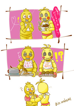 anthro beak bib black_sclera blush bowl candy chocolate clothing container cupcake cutlery dessert duo exclamation_point female food handwear humor interrobang kitchen_utensils machine open_mouth oven_mitts panties pizza purple_eyes sharp_teeth simple_background speech_bubble spoon teeth text tools underwear in_wakame five_nights_at_freddy's five_nights_at_freddy's_2 scottgames chica_(fnaf) toy_chica_(fnaf) animatronic avian bird chicken galliform phasianid robot comic japanese_text translated