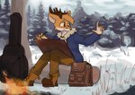 5_fingers anthro backpack biped bottomwear clothed clothing creating_art detailed_background eyewear fingers fireplace footwear fur glasses guitar_case orange_body orange_fur outside shoes sitting snow solo topwear pagie_(artist) deer mammal 2021 hi_res