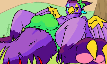 anus bedroom_eyes bow_tie bulge claws close-up clothing fur grass green_clothing green_panties green_underwear looking_at_viewer lying lying_on_grass lying_on_ground male narrowed_eyes on_back on_grass on_ground panties plant presenting purple_body purple_fur seductive simple_background smile spread_legs spreading tail underwear wings mythology avian gryphon mythological_avian mythological_creature 5:3