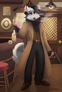 alcohol anthro belt beverage bottle cigar cigar_in_mouth cigar_smoke clothed clothing container cup detailed_background fluffy fluffy_tail fur glass glass_container gun hair handgun hat headgear headwear holding_gun holding_handgun holding_object holding_pistol holding_ranged_weapon holding_weapon licour looking_at_viewer male melee_weapon mercenary muscular object_in_mouth pistol ranged_weapon smoke smoke_from_mouth smoking smoking_cigar solo suit tail topwear weapon whiskey white_body darkolynx american_opossum mammal marsupial digital_media_(artwork) hi_res