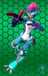 anthro armor chest_tuft clothed clothing feathers feet female gesture glowing hand_gesture pointing purple_body purple_feathers red_body red_feathers simple_background solo talons toes tuft visor chromakoros igniz_(zekaire) avian bird 3d_(artwork) digital_media_(artwork) hi_res