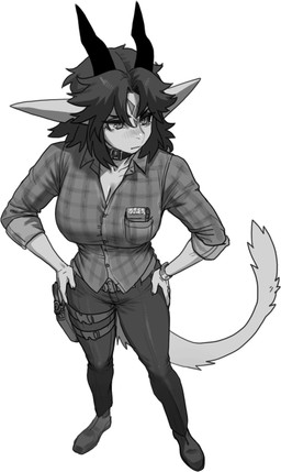 anthro biped bottomwear breasts claws clothed clothed_anthro clothed_female clothing collar female fingers fully_clothed fully_clothed_anthro fully_clothed_female fur hair horn non-mammal_breasts simple_background solo tail topwear pgm300 mythology chabett dragon mythological_creature mythological_scalie scalie 2026 digital_drawing_(artwork) digital_media_(artwork) hi_res monochrome sketch