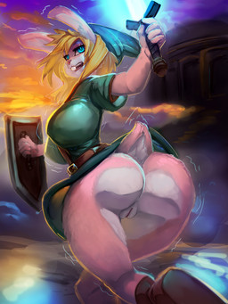 anthro big_breasts big_butt blonde_hair blue_eyes boots bottomless bottomless_female breasts buckteeth butt clothed clothing crossgender female footwear fur genitals hair holding_melee_weapon holding_object holding_shield holding_sword holding_weapon long_ears looking_at_viewer looking_back low-angle_view melee_weapon multicolored_body multicolored_fur open_mouth pink_body pink_fur rear_view shield shirt shoes solo sword teeth topwear transformation tunic two_tone_body two_tone_fur vulva weapon wide_hips general-irrelevant a_link_to_the_past nintendo the_legend_of_zelda link_(rabbit_form) lagomorph leporid mammal rabbit 3:4 hi_res