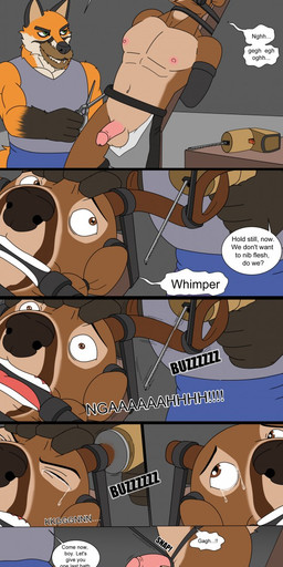 anthro anthro_on_anthro bdsm bit_gag blunted_horn bodily_fluids bondage bound captured clothed clothing cock_and_ball_torture crying cut_antlers dialogue dominant dominant_male duo facial_hair forced gag genital_torture horn horn_removal male male/male museum nude peril restrained scared shirt submissive submissive_male tank_top tears text topwear torture literaturabdsm canid canine deer fox mammal comic english_text hi_res