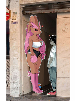 anthro big_breasts blush blush_lines blush_stickers bottomwear breasts brown_body brown_fur clothing duo female fur hand_on_hip heart_symbol larger_female leaning_on_wall long_ears looking_at_another looking_at_partner male male/female pink_body pink_fur shorts size_difference smaller_male smile standing tail thick_thighs topwear tuft c0cobeanz a_chance_encounter nintendo pokemon alpha_pokemon generation_4_pokemon human lagomorph lopunny mammal pokemon_(species) absurd_res hi_res meme