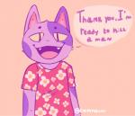 :d anthro clothing dialogue fangs fur looking_at_viewer male open_mouth pink_background pupils purple_body purple_fur sharp_teeth shirt simple_background slit_pupils smile solo standing talking_to_viewer teeth text tongue topwear yellow_eyes cockyroaches animal_crossing nintendo bob_(animal_crossing) domestic_cat felid feline felis mammal 2019 english_text