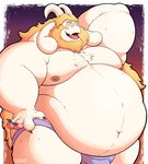 anthro beard belly big_belly big_moobs blonde_hair border bulge claws clothing eyebrows facial_hair fur gradient_background hair hand_behind_head horn long_ears long_hair looking_at_viewer love_handles male moobs navel nipples obese obese_anthro obese_male open_mouth open_smile orange_background overweight overweight_anthro overweight_male purple_background seductive simple_background smile solo standing thick_thighs tongue tuft underwear white_body white_border stompsyeen undertale undertale_(series) asgore_dreemurr boss_monster_(undertale) bovid caprine goat mammal 2022 hi_res signature