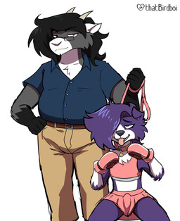 anthro bdsm black_body black_fur black_hair bottomwear bulge clothed clothed_male clothing collar collar_tag collared_shirt crop_top dominant dominant_male duo erection erection_under_skirt eyewear fur glasses gloves gloves_(marking) green_eyes grey_body grey_fur hair handwear horn khaki_pants kneeling kneeling_on_ground leash leash_pull leashed_collar leashed_male looking_at_viewer looking_pleasured male male/male markings paw_gloves petplay puppyplay purple_body purple_fur rectangular_glasses red_eyes roleplay shirt simple_background skirt standing submissive submissive_male text_on_collar_tag tongue tongue_out topwear wearing_collar wearing_glasses white_background white_body white_fur thatbirdboi dog_(somesacredbird) gloomy_(gloomyloomer) border_collie bovid canid canine canis caprine collie domestic_dog domestic_goat goat herding_dog mammal pastoral_dog pygmy_goat sheepdog 2022 absurd_res digital_drawing_(artwork) digital_media_(artwork) english_description hi_res nonbinary_(lore)