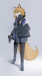 anthro armband blonde_hair blouse blue_eyes chest_tuft clothing female gloves gun hair hand_in_pocket handgun handwear jacket leggings legwear necktie pistol pockets police police_badge police_officer ranged_weapon shadow simple_background solo topwear tuft weapon motimotinotie yaco_kitagawa canid canine canis fox mammal red_fox true_fox 9:16 absurd_res hi_res