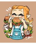 beverage blush burger clothing coffee coffee_mug eating eyes_closed female food fried_egg fries fruit humanoid_pointy_ears ketchup lettuce onion_rings orange_background overalls plant pseudo_hair simple_background solo tentacle_hair tentacles tomato vegetable yuta_agc nintendo splatoon animal_humanoid cephalopod cephalopod_humanoid humanoid inkling marine marine_humanoid mollusk mollusk_humanoid letterbox