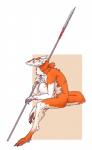 4_fingers ambiguous_gender fingers fur holding_object melee_weapon nude orange_body orange_fur polearm simple_background solo spear tail tuft weapon white_body white_fur annoy nakk mammal sergal 2019 absurd_res digital_media_(artwork) hi_res