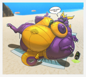 anthro areola beach belly beverage_can big_areola big_belly big_butt big_moobs big_nipples black_eyewear black_sunglasses border butt chubby_cheeks claws dialogue eyewear horn huge_areola huge_belly huge_butt huge_moobs hyper hyper_butt hyper_moobs looking_at_viewer lying male moobs motion_lines multicolored_body navel nipples obese obese_anthro obese_male on_back open_mouth open_smile outside overweight overweight_anthro overweight_male pink_tongue pool_float purple_areola purple_body purple_mouth purple_nipples purple_tail sand sea smile smiling_at_viewer solo speech_bubble sunglasses tail talking_to_viewer text thick_thighs tongue two_tone_body two_tone_tail water white_border yellow_body yellow_horn yellow_tail daeriusus activision monster_energy mythology spyro_the_dragon spyro dragon mythological_creature mythological_scalie scalie 2026 colored digital_media_(artwork) english_text hi_res shaded signature