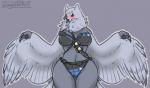 alternate_species anthro beak belly belt blush breasts brown_eyes feathered_wings feathers feet female looking_at_viewer navel non-mammal_breasts open_mouth simple_background solo talons thick_thighs toes weapon wide_hips wings wingedwilly blizzard_entertainment overwatch ana_(overwatch) avian bird owl