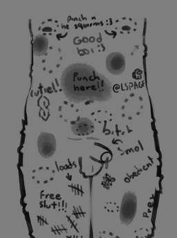 anthro balls bite_mark body_writing bruised bruised_belly bruised_leg genitals male markings penis solo tic_tac_toe lspagf among_us innersloth crewmate_(among_us) hi_res