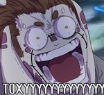 bodily_fluids brown_hair circle_eyebrows eyebrows fur grey_body grey_fur grey_skin hair huge_mouth humor iris joke open_mouth screaming shitpost sweat yelling yellow_eyes toxy_squishy one_piece meme redraw