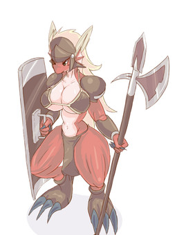 armor blonde_hair breasts claws convincing_weapon female hair halberd headgear helmet long_hair melee_weapon polearm shield simple_background solo unconvincing_armor weapon white_background 57mm