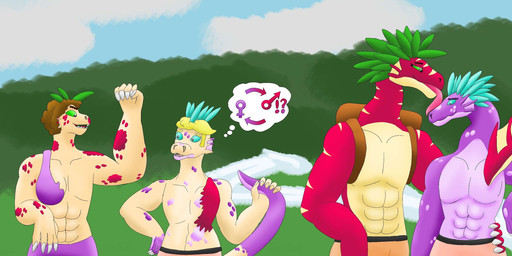 affectionate anthro bare_chest blonde_hair blue_eyes brown_hair crossgender duo female flat_chested ftm_transformation gender_symbol gender_transformation green_eyes growth hair hand_on_hip licking long_neck love male mtf_transformation multicolored_body muscle_growth muscular muscular_female muscular_male orientation_play role_reversal role_swap romantic romantic_couple simple_background spikes symbol tail tail_grab thought_bubble tongue transformation transformation_sequence two_tone_body dewodude lizard lizardman reptile scalie absurd_res hi_res story story_in_description