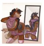 anthro balls clothed clothing crossdressing erection femboy genitals legwear looking_at_mirror looking_at_object looking_back male mirror penis reflection simple_background solo stockings sweater topwear virgin_killer_sweater xenoguardian meme_clothing rusty_wollef canid canine canis mammal wolf hi_res meme