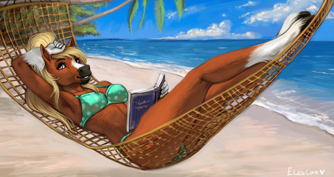 5_fingers anthro beach bikini bikini_bottom bikini_top biped blonde_hair book breasts brown_body brown_fur clothed clothed_anthro clothed_female clothing cloud day female fingers fur hair holding_book holding_object hooves looking_at_viewer outside palm_tree plant purple_eyes sand sea sky smile solo swimwear teeth tree two-piece_swimsuit water eleacat equid equine horse mammal 2025 digital_drawing_(artwork) digital_media_(artwork)