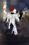 anthro beak black_body black_feathers black_fur cigarette cigarette_in_hand cigarette_smoke city cityscape evening feathered_wings feathers from_the_back fur long_beak male markings neck_tuft red_body red_feathers smoke solo tail tuft white_body white_markings winged_arms wings fenya208 layvan avian bird picid woodpecker 2025 absurd_res colored digital_media_(artwork) hi_res