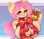 anthro anthrofied big_breasts blush blush_lines bow_ribbon breast_squish breasts cleavage clothed clothing ear_tuft female holidays holly_(plant) inner_ear_fluff looking_at_viewer plant pose ribbons smile smiling_at_viewer solo squish tuft haokan christmas friendship_is_magic hasbro my_little_pony fluttershy_(mlp) equid equine horse mammal pony hi_res pinup